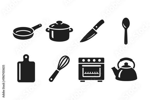 Collection of kitchen utensil icons including a frying pan, pot, knife, and stove