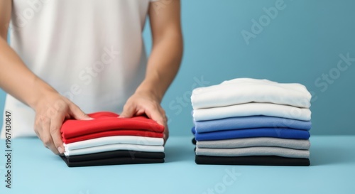 A person neatly stacks and organizes folded colorful clothes on a table