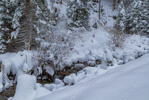Bild auf Leinwand Small snow covered waterfall in alpine forest with frozen stream