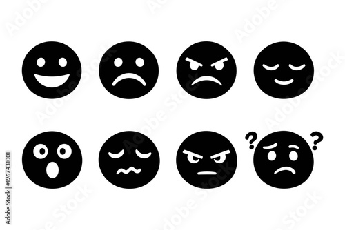 Collection of diverse black emoji faces showing various emotions on a white background