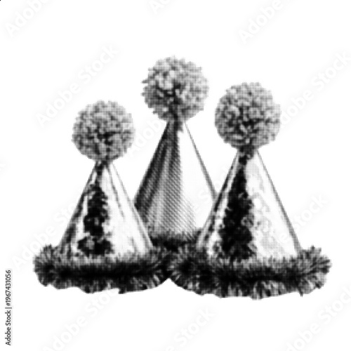 Party Hats Halftone Style, Black and White Birthday Celebration Accessories, Festive Decoration Image