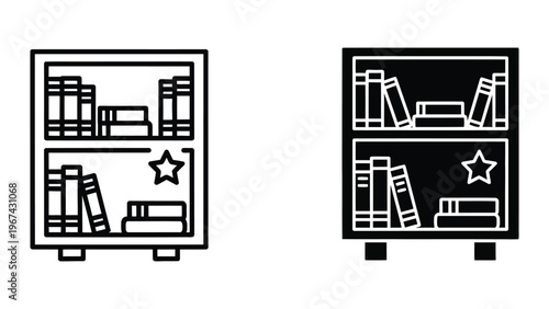 Contrasting black and white illustrations of bookshelves with a star accent