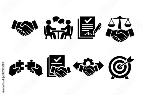 Business collaboration and agreement icons showing partnership, negotiation, and success