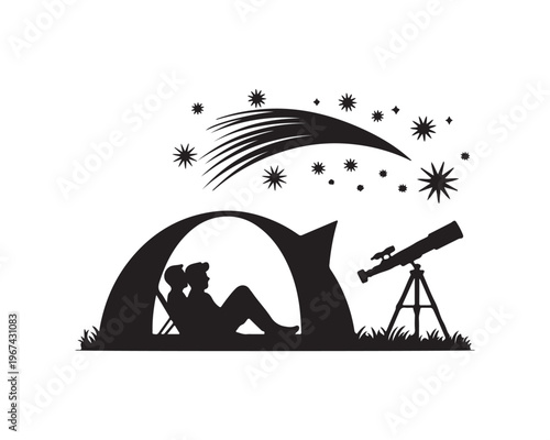 Couple Silhouetted in Tent Looking at Shooting Star with Telescope on White Background stargazing
