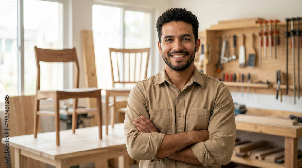 Fototapeta premium Happy young male carpenter smiling at camera with arms crossed in his woodworking workshop
