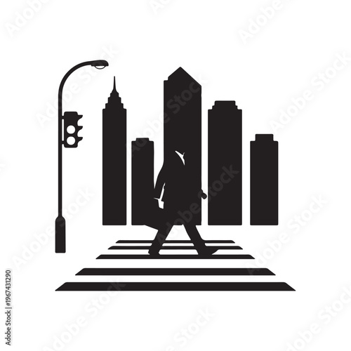 Silhouette of a businessman crossing a pedestrian street in a city with skyscrapers and traffic light