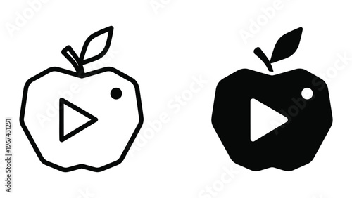 Apple icons with play button symbols in contrasting styles