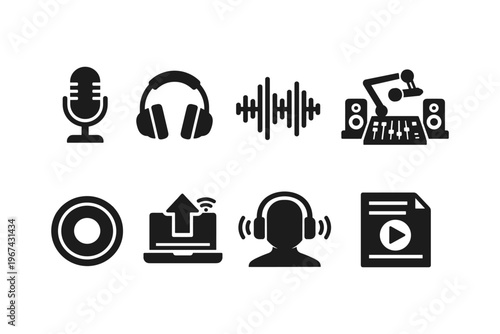 Collection of audio and music production icons on a white background