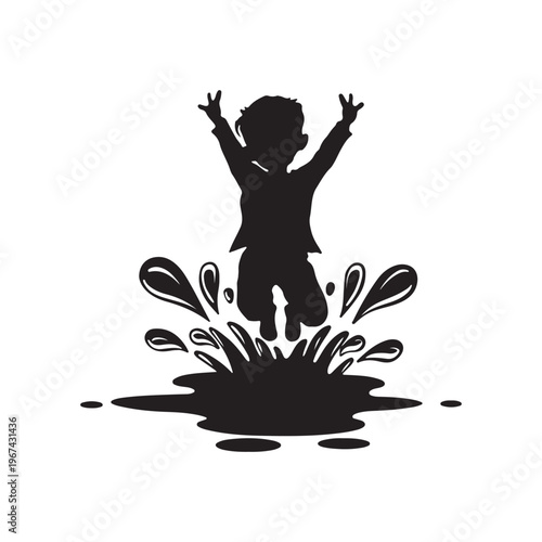 Silhouette of a child jumping joyfully into a puddle creating splashes of water girl
