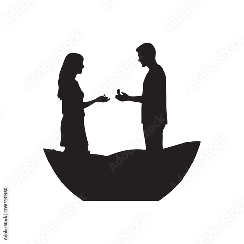 Silhouette of a couple in a boat with a man offering a ring to a woman during a marriage proposal
