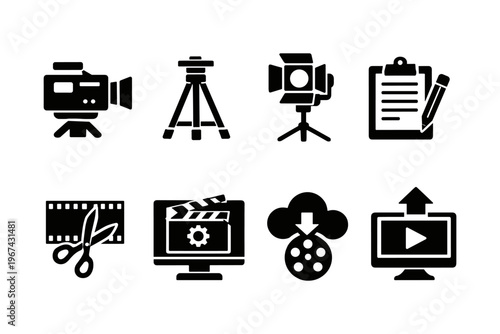 Collection of film production and video editing icons on a white background