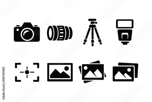 Collection of photography icons including camera, lens, tripod, flash, and images
