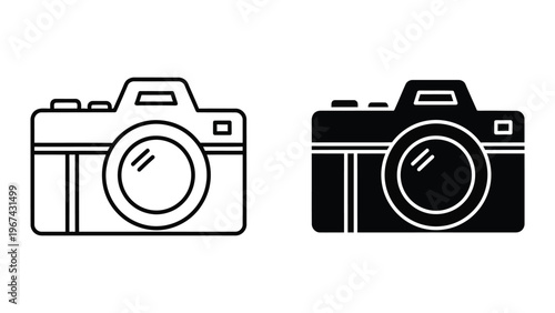 Contrasting black and white illustrations of classic film cameras with distinct styles