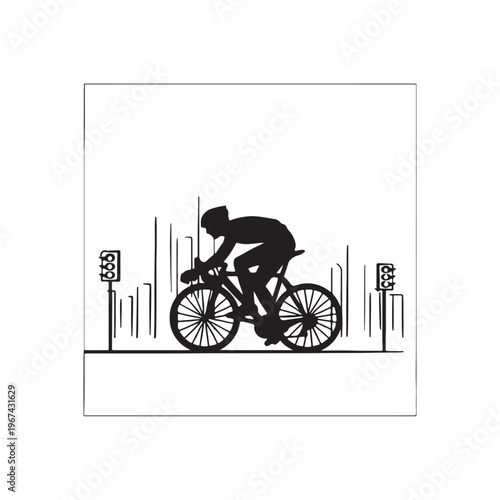 Silhouette of a cyclist riding a road bike with a helmet and gear against a backdrop of abstract city buildings and