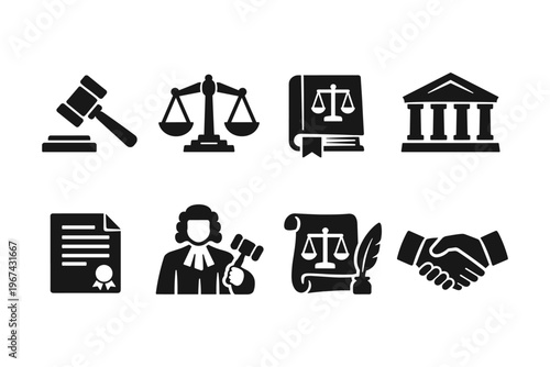 Collection of legal and justice icons representing law and order