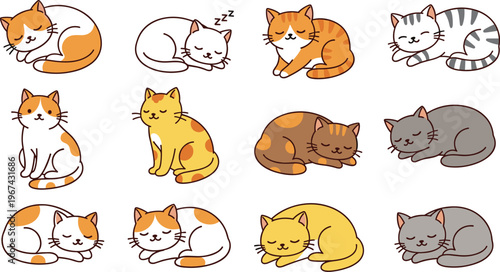 Cartoon cats in playful sleeping and sitting poses, colorful fur patterns vector illustration, cute feline artwork background for pet themes