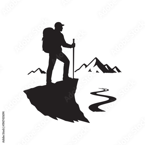 Silhouette of a hiker standing on a cliff edge with a backpack and trekking pole overlooking mountains and a winding