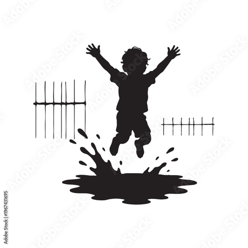 Silhouette of a joyful child jumping in a puddle with arms outstretched on a white background