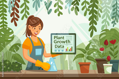 Woman tending to plants while reviewing data on a digital tablet