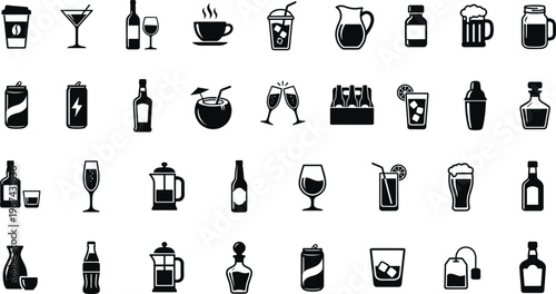 Beverages and Drinkware Icons Set with Coffee, Cocktails, Beer, Juice, Soft Drinks, Bottles, and Cups for Websites, Apps, and Digital Media Designs