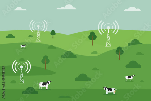Rolling green hills with cellular towers and grazing cows in pasture