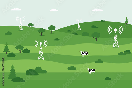 Rolling green hills with multiple cell towers and grazing cows