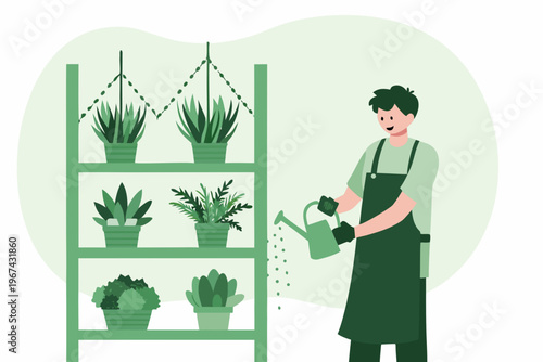 A gardener waters potted plants on a tiered shelving unit indoors