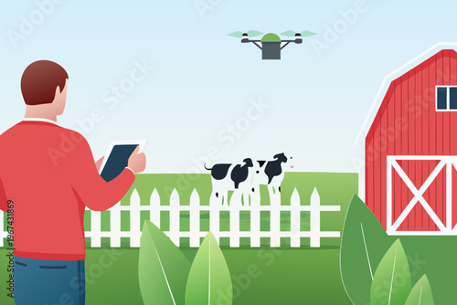 A farmer uses a tablet to control a drone over a rural landscape