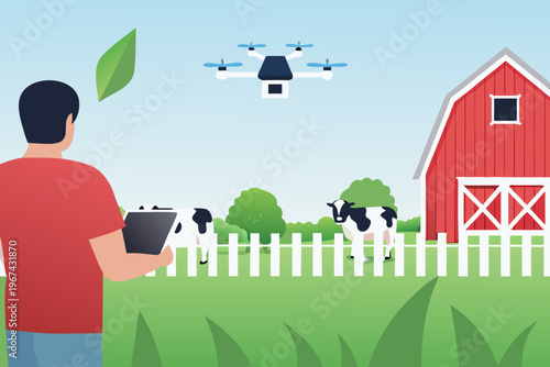 A farmer using a drone to monitor livestock and crops on the farm
