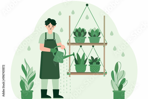 A person waters hanging plants with a watering can indoors