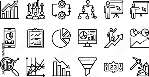 Business and Analytics Icon Set with Growth, Charts, Strategy, Data Analysis, and Marketing Symbols for Websites, Apps, and Digital Media Designs