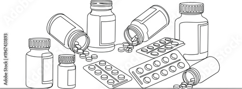 Medicine bottles and blister packs with pills, pharmaceutical healthcare vector illustration, medical supply artwork background design for treatment and prescription themes