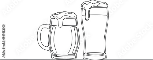 Minimalist line drawing of beer mug and pint glass with frothy foam, black vector illustration for bar, pub and drink themes