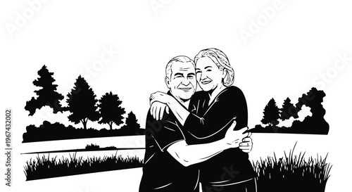 Black and white illustration of a senior couple hugging in a park