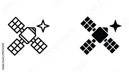 Contrasting depictions of a satellite with varying levels of detail and shading