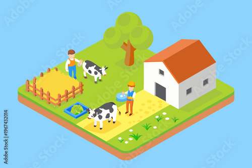 Isometric farm scene depicting a farmer cows and a rural house