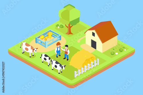 Isometric farm scene depicting cows a farmer and rural buildings