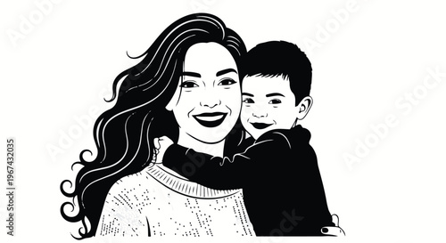 Black and white illustration of a smiling woman with a child
