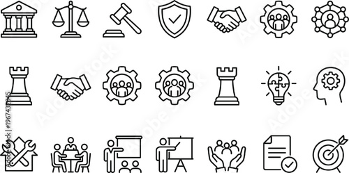 Business Strategy, Legal, and Teamwork Icons Set with Partnership, Leadership, Law, Innovation, and Goal Planning Symbols for Websites, Apps, and Digital Media Designs