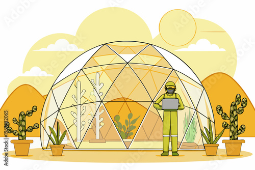 A futuristic greenhouse with a scientist examining plant life inside