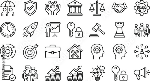 Business, Legal, and Strategy Icons Set with Partnership, Leadership, Law, Innovation, Finance, and Growth Symbols for Websites, Apps, and Digital Media Designs