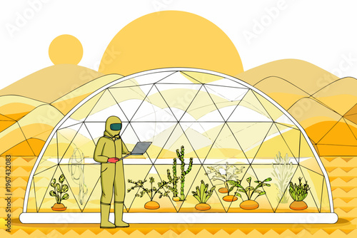 Person in hazmat suit working inside a geodesic dome greenhouse