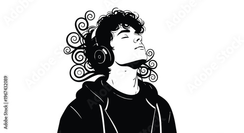 Black and white illustration of a man wearing headphones