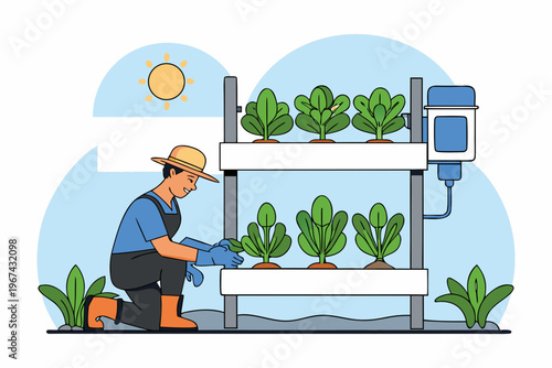 A farmer tending to plants in a modern indoor vertical garden setup