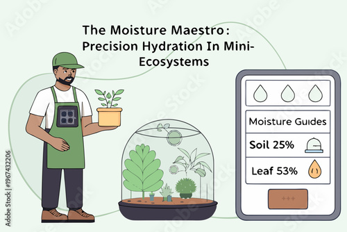 A man tends to plants within a terrarium using a moisture monitoring app