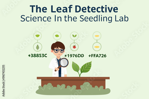 A young scientist investigates a plant with a magnifying glass in a lab