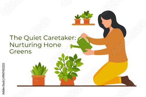 Woman tending to potted plants indoors promoting a peaceful home environment