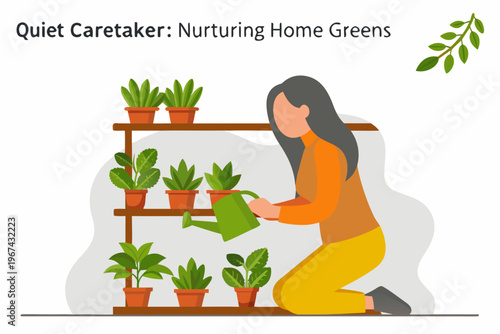 Woman watering houseplants on a tiered shelf in a modern home