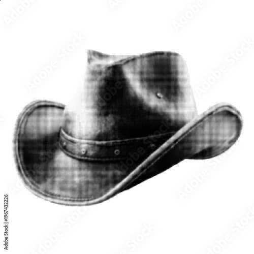 Black and White Cowboy Hat Halftone Illustration, Vintage Western Style Fashion Accessory 