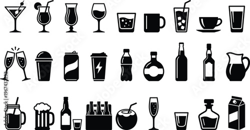 Drinks and Beverage Icons Set with Cocktails, Soft Drinks, Alcohol, Coffee, Juice, and Bottles for Websites, Apps, and Digital Media Designs
